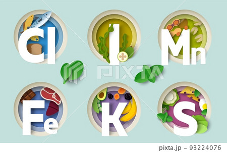 Nutrition minerals and vitamin paper cut vector 93224076