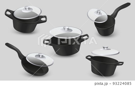 Kitchen cast iron pot and pan realistic vector 93224085