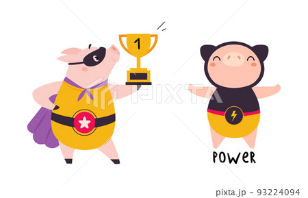 Funny powerful superhero pigs set cartoon vector illustration 93224094