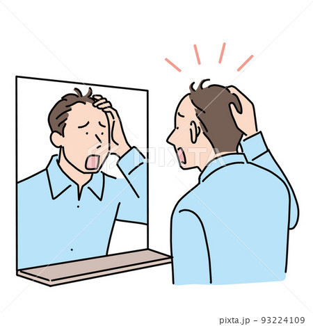鏡を見て髪の毛が薄くなっていることにショックを受ける男性 93224109