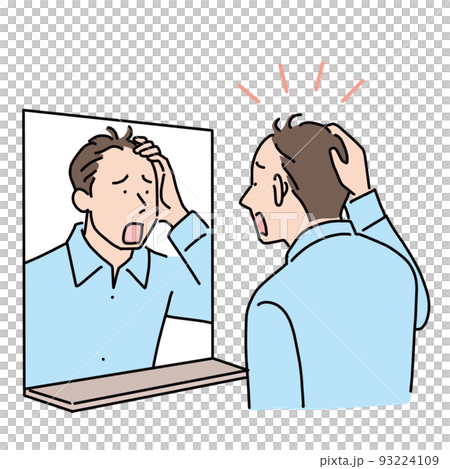 鏡を見て髪の毛が薄くなっていることにショックを受ける男性 93224109