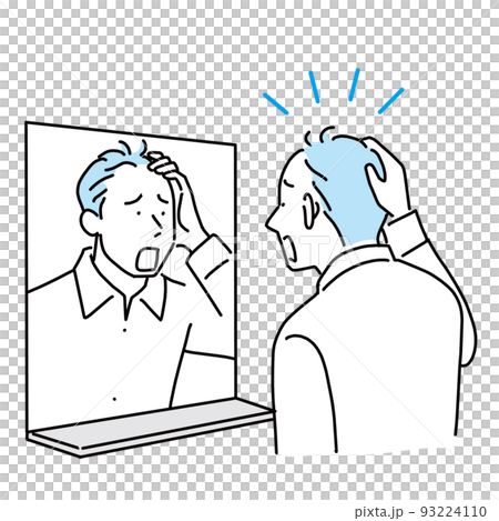 一個男人在鏡子裡看到自己的頭髮變薄而震驚 一個男人在鏡子裡看到自己的頭髮變薄而震驚 93224110