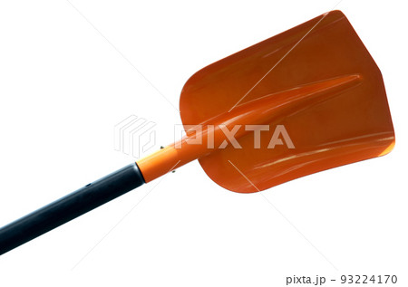 Close up of orange metal folding shovel isolated on white background 93224170
