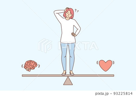 Confused woman choose between brain and heart Confused woman choose between brain and heart 93225814