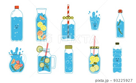 Cute water bottle glass decanter. Hand drawn funny detox concept. Doodle eco vector illustration Cute water bottle glass decanter. Hand drawn funny detox concept. Doodle eco vector illustration 93225927