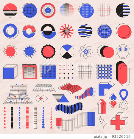 A set of graphic elements. Bauhaus and brutalism style inspired. Vector abstract linear elements and bold geometric shapes. Great for posters, flyers, covers, web design. Retro futurism shapes. Vector 93226516
