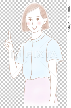 Smiling woman posing with index finger up 93230026