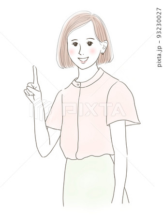 人差し指を上げるポーズをする笑顔の女性 人差し指を上げるポーズをする笑顔の女性 93230027