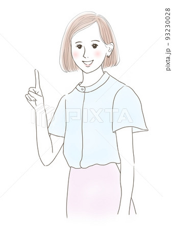 人差し指を上げるポーズをする笑顔の女性 人差し指を上げるポーズをする笑顔の女性 93230028