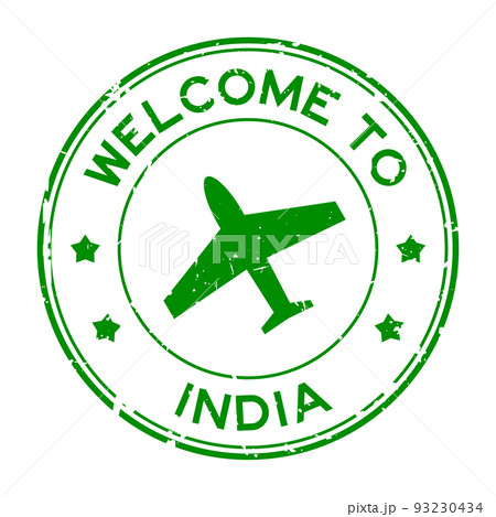 Grunge green welcome to India word with airplane icon round rubber seal stamp on white background Grunge green welcome to India word with airplane icon round rubber seal stamp on white background 93230434