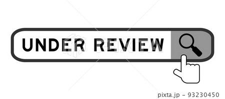 Search banner in word under review with hand over magnifier icon on white background Search banner in word under review with hand over magnifier icon on white background 93230450