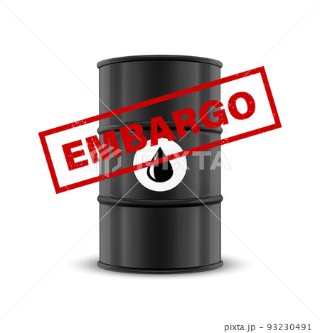 Oil Embargo. Vector 3d Realistic Metal Enamel Oil Barrel Isolated on White. Russian Crude Oil Embargo Concept Background 93230491