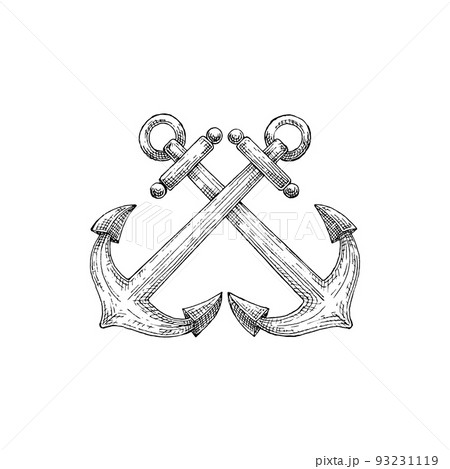 Ship anchor isolated nautical object mooring vessel to sea bottom. Vector maritime navigation crossed ankers Ship anchor isolated nautical object mooring vessel to sea bottom. Vector maritime navigation crossed ankers 93231119