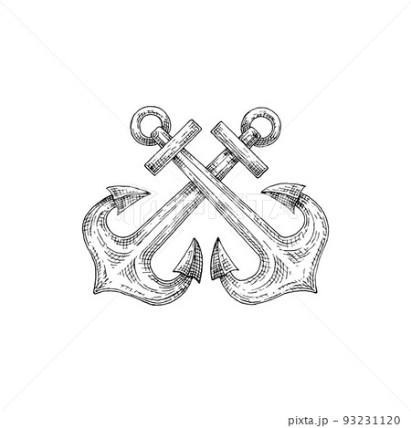 Ship anchor isolated nautical object mooring vessel to sea bottom. Vector maritime navigation crossed ankers 93231120