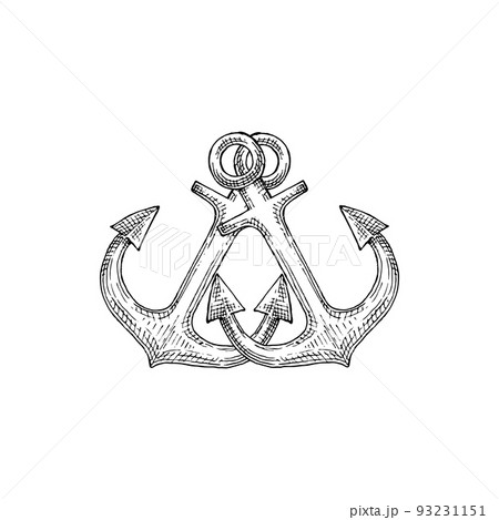 Ship anchor isolated nautical object mooring vessel to sea bottom. Vector maritime navigation crossed ankers 93231151
