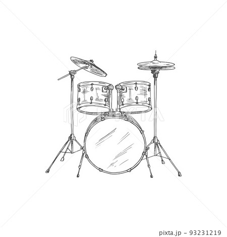 Drum set isolated musical instrument sketch. Vector trap and kit, cymbals and bass, drumming equipment Drum set isolated musical instrument sketch. Vector trap and kit, cymbals and bass, drumming equipment 93231219