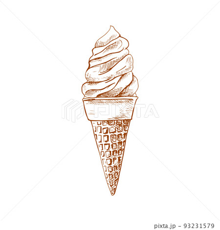 Waffle cone ice-cream isolated refreshing summer dessert sketch. Vector gelato ice cream hand drawn fastfood snack 93231579