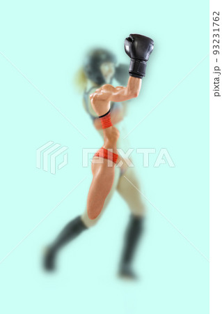 Blurring effect. Portrait of young female kickboxer in sports uniform and protective equipment practicing punch. Combat sport, mma, concept. 93231762
