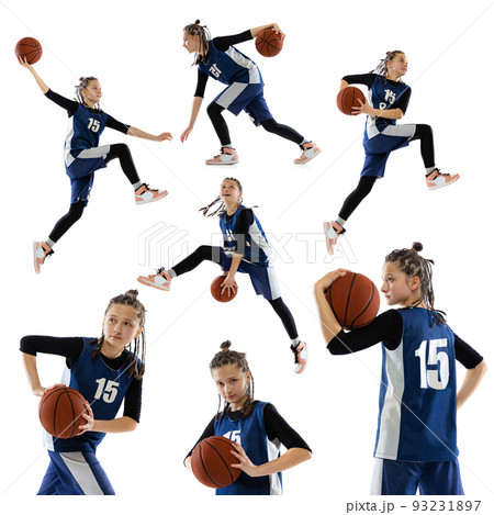 Collage. Portrait of teen girl in blue uniform training, playing basketball isolated over white background. 93231897