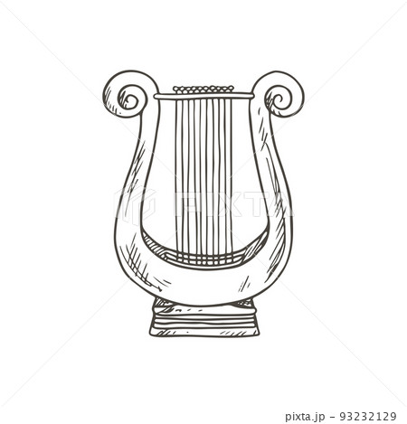 Lyre or concert harp isolated music instrument sketch. Vector orchestral stringed monochrome decachord 93232129