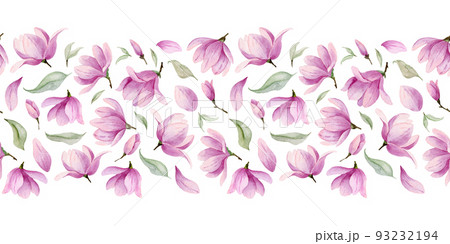 Floral watercolor Border. Seamless Pattern with pink Flower Magnolia for background. Template for frame. Botanical ornament 93232194