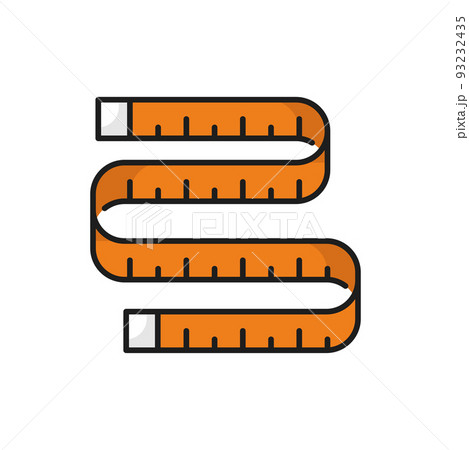 Fitness measuring tape isolated outline icon. Vector meter or centimeter, weight control and diet mascot sign. Spiral tailor ruler, metric tool, fitness, healthy nutrition and slimness symbol 93232435