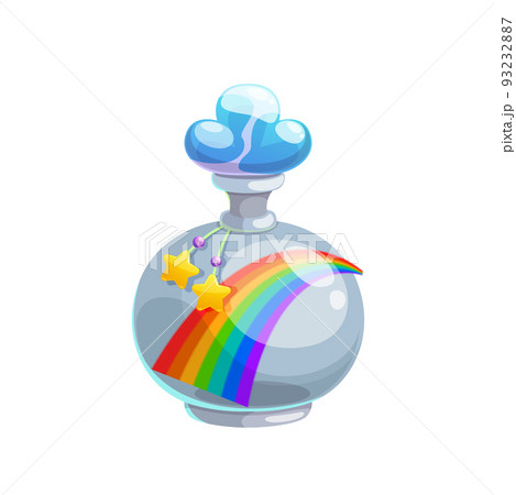 Potion bottle vector icon, magic elixir in glass flask with rainbow, stars decor and cloud bung. Cartoon magic witch poison, alchemy object isolated on white background 93232887