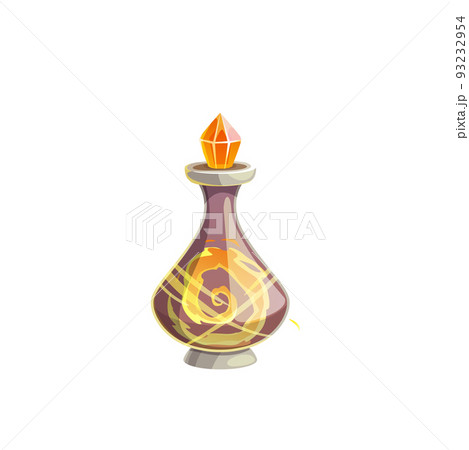 Potion bottle vector icon, magic elixir in glass flask with vortex inside and crystal bung. Witch poison, alchemy object. Cartoon design element for magic game isolated on white background Potion bottle vector icon, magic elixir in glass flask with vortex inside and crystal bung. Witch poison, alchemy object. Cartoon design element for magic game isolated on white background 93232954