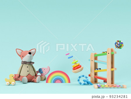 Children's toys on blue background with copy space. Multicolored wooden and plush toys for toddler or baby. Empty space for your text, advertising, Toys store. 3d rendering. 93234281