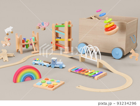 Children's toys on beige background. Multicolored wooden toys for toddler or baby. Eco friendly toy, plastic free. Toys store. 3d rendering. Children's toys on beige background. Multicolored wooden toys for toddler or baby. Eco friendly toy, plastic free. Toys store. 3d rendering. 93234296