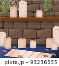 Vector burning candles with dripping or flowing wax. Flat candles with golden flame. Lit and melted wax. Illustration of beautiful glowing candles on dark background. Cartoon illustration 93236555