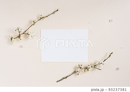 Top view of blank notepad among spring apple flowers 93237381