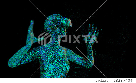 Metaverse concept. Woman with VR virtual reality goggles is working. 3D render. 93237404