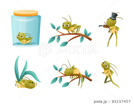 Cute Little Grasshopper Character Engaged in Various Activity Vector Set 93237457