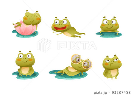 Cute Green Frog or Toad Character Engaged in Different Activity Vector Set 93237458