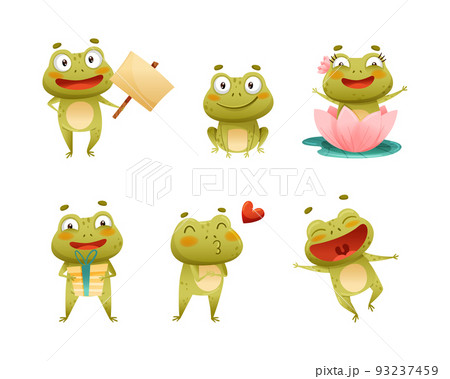 Cute Green Frog or Toad Character Engaged in Different Activity Vector Set 93237459
