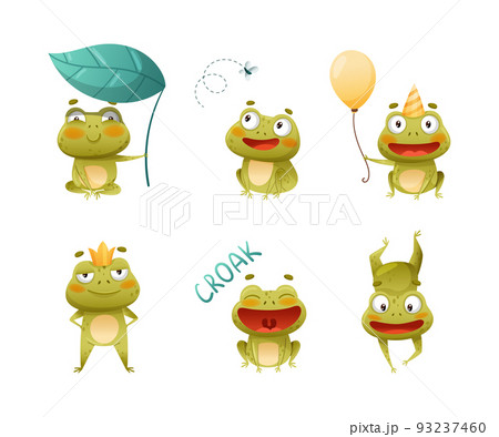 Cute Green Frog or Toad Character Engaged in Different Activity Vector Set 93237460