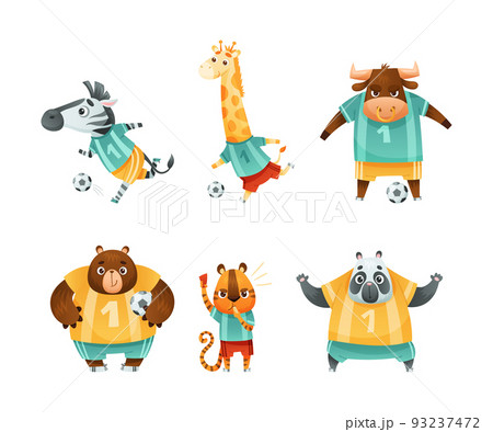 Wild Animal Characters Playing Football Wearing Uniform Passing Ball Vector Set Wild Animal Characters Playing Football Wearing Uniform Passing Ball Vector Set 93237472