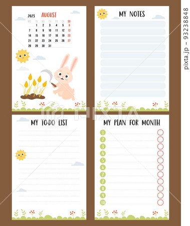 August 2023. Farm calendar planner with cute rabbit with sickle and spikelets, harvesting. Vector set of vertical page a4 templates to-do list, my plan and notes. Week from Monday, in English. August 2023. Farm calendar planner with cute rabbit with sickle and spikelets, harvesting. Vector set of vertical page a4 templates to-do list, my plan and notes. Week from Monday, in English. 93238848