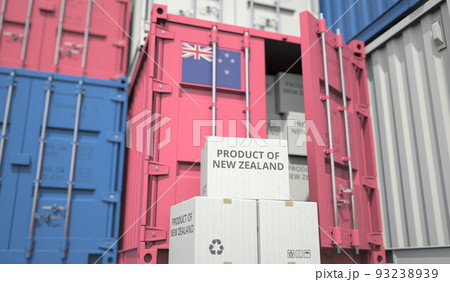 Boxes with goods from New Zealand and cargo containers. National economy related conceptual 3D rendering Boxes with goods from New Zealand and cargo containers. National economy related conceptual 3D rendering 93238939