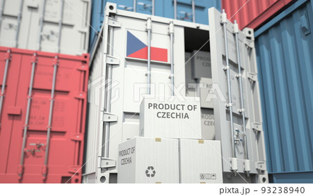 Cartons with goods from Czechia and shipping containers in the port terminal or warehouse. National production related conceptual 3D rendering 93238940
