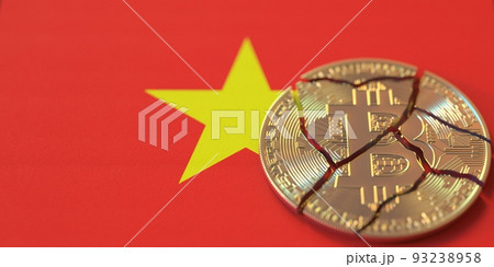 Flag of Vietnam and broken bitcoin. Cryptocurrency ban or crypto legal issues concepts, 3d rendering 93238958