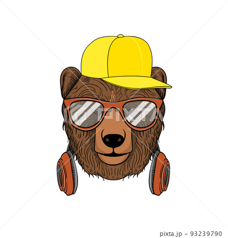 Hand drawn vector bear illustration with glasses and headphone, for tshirt prints, posters and other uses. 93239790