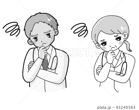 悩む白衣を着たシニア女性医師と男性医師のイラスト（白黒） 93240563