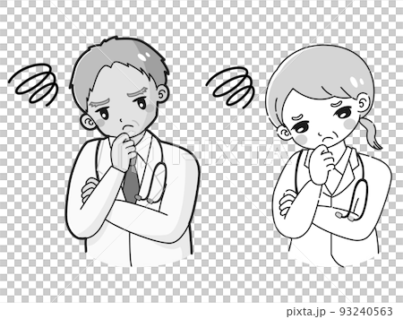 悩む白衣を着たシニア女性医師と男性医師のイラスト（白黒） 93240563