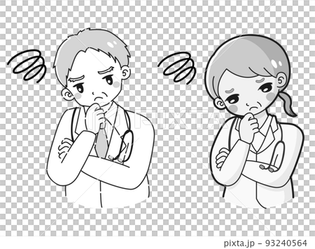 Illustration of a senior female doctor and a male doctor wearing a worried white coat (black and white) 93240564