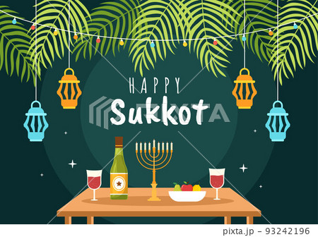 Happy Jewish Holiday Sukkot Hand Drawn Cartoon Flat Illustration with Sukkah, Etrog, Lulav, Arava, Hadas and Decoration Background Design 93242196