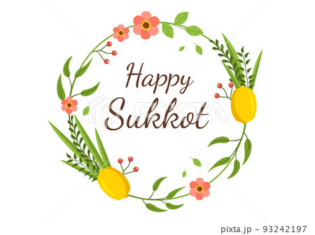 Happy Jewish Holiday Sukkot Hand Drawn Cartoon Flat Illustration with Sukkah, Etrog, Lulav, Arava, Hadas and Decoration Background Design 93242197