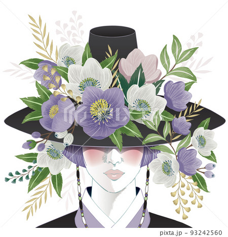 Vector illustration of a woman wearing a Gat, Korea traditional hat decorated with flowers. Design for banner, poster, card, invitation and scrapbook 93242560