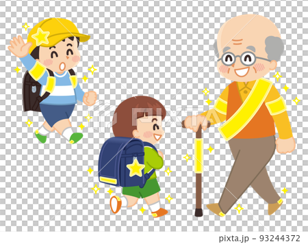 Elementary school students and senior men with reflectors Traffic safety 93244372